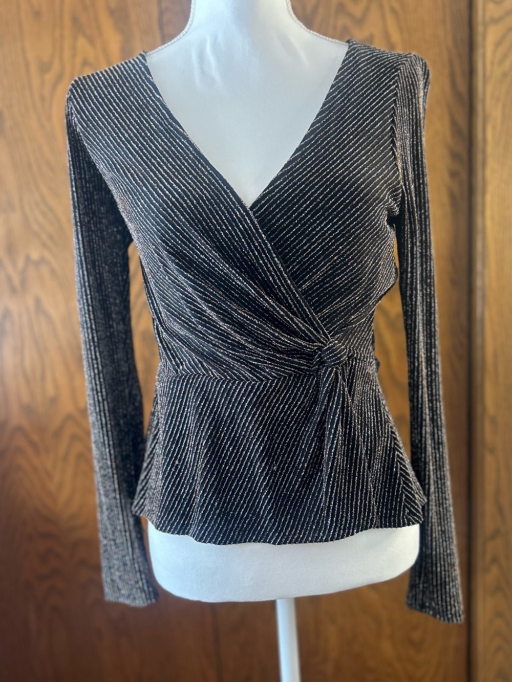 Francesca's Collections Black Metallic Wrap Knot Long Sleeve Top